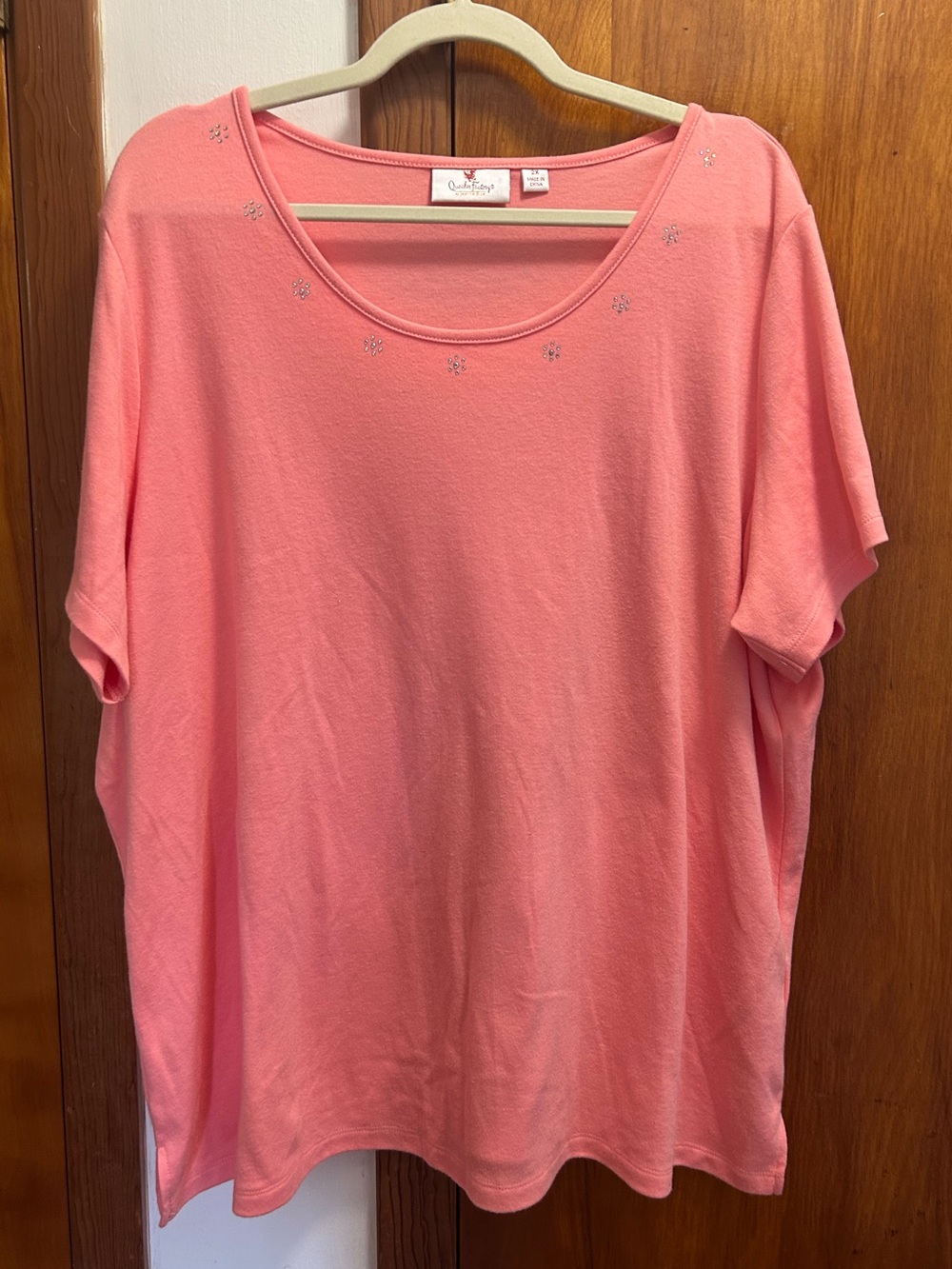 Quacker Factory Coral Scoop-Neck Short Sleeve Tee with Rhinestone Accents